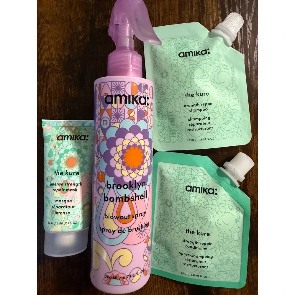 Amika Brooklyn Bombshell Blowout Spray &The Kure Repair Mask Shampoo Conditioner